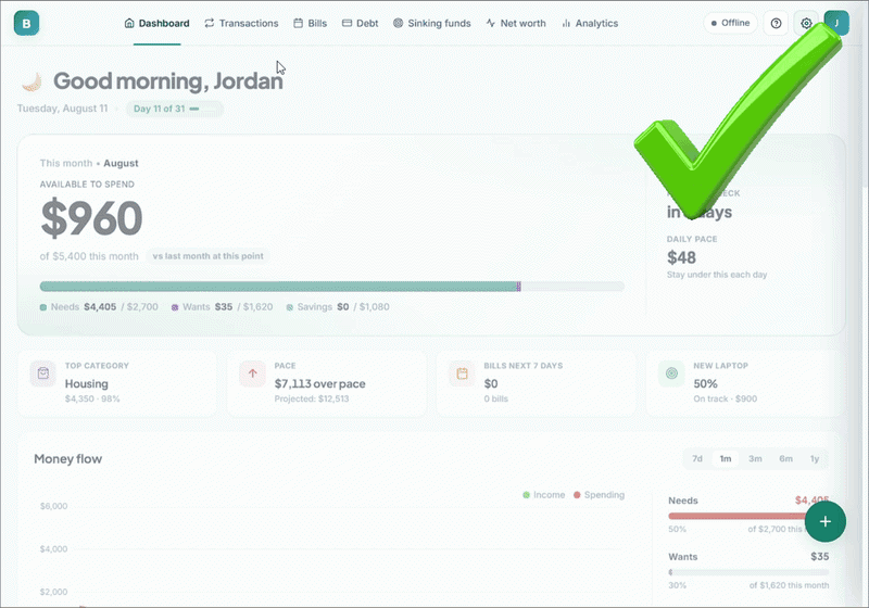A FluVana planning app being used: tapping buttons to add entries and watching the dashboard update
