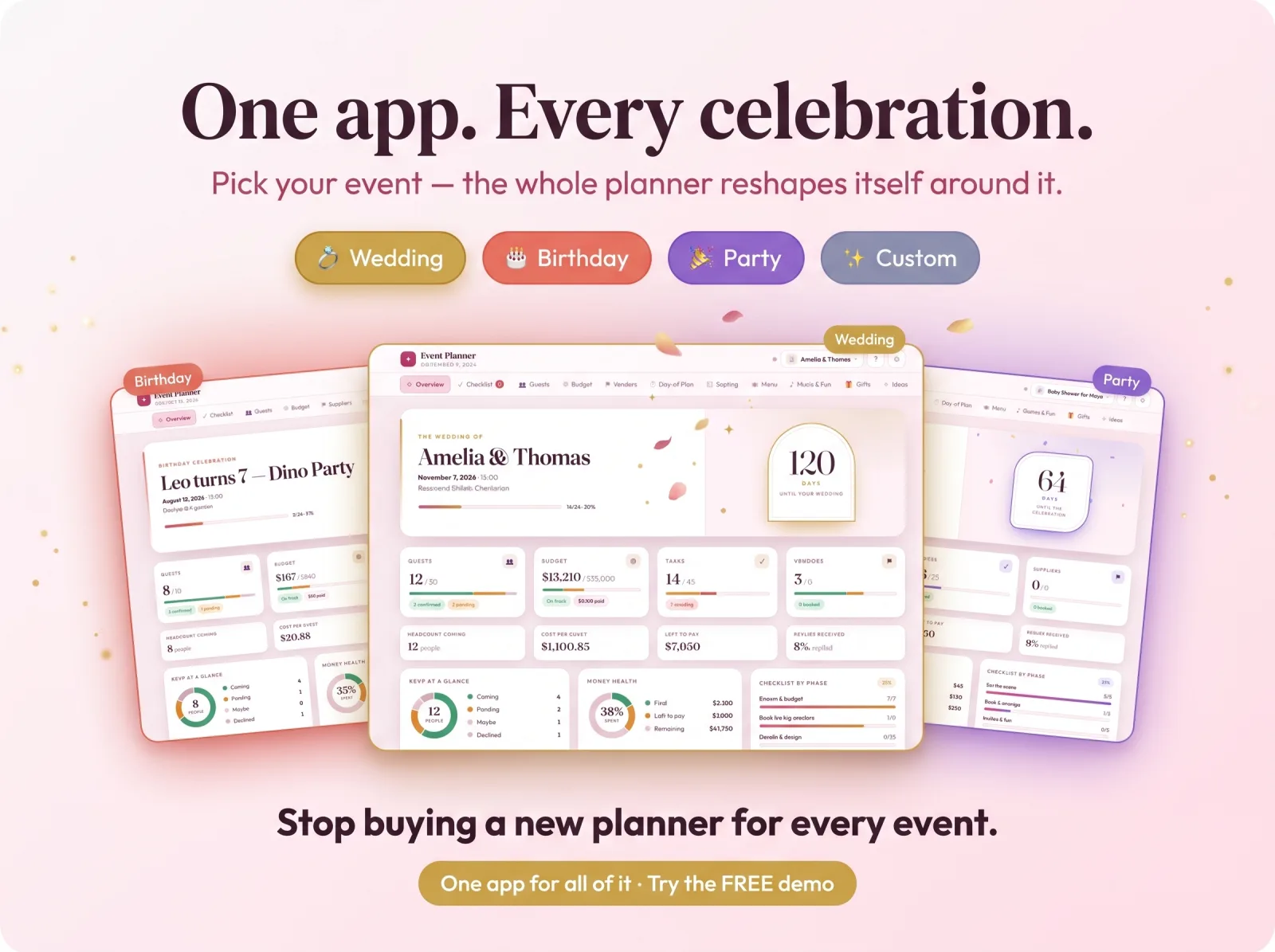 All in one event planner wedding birthday party dashboards
