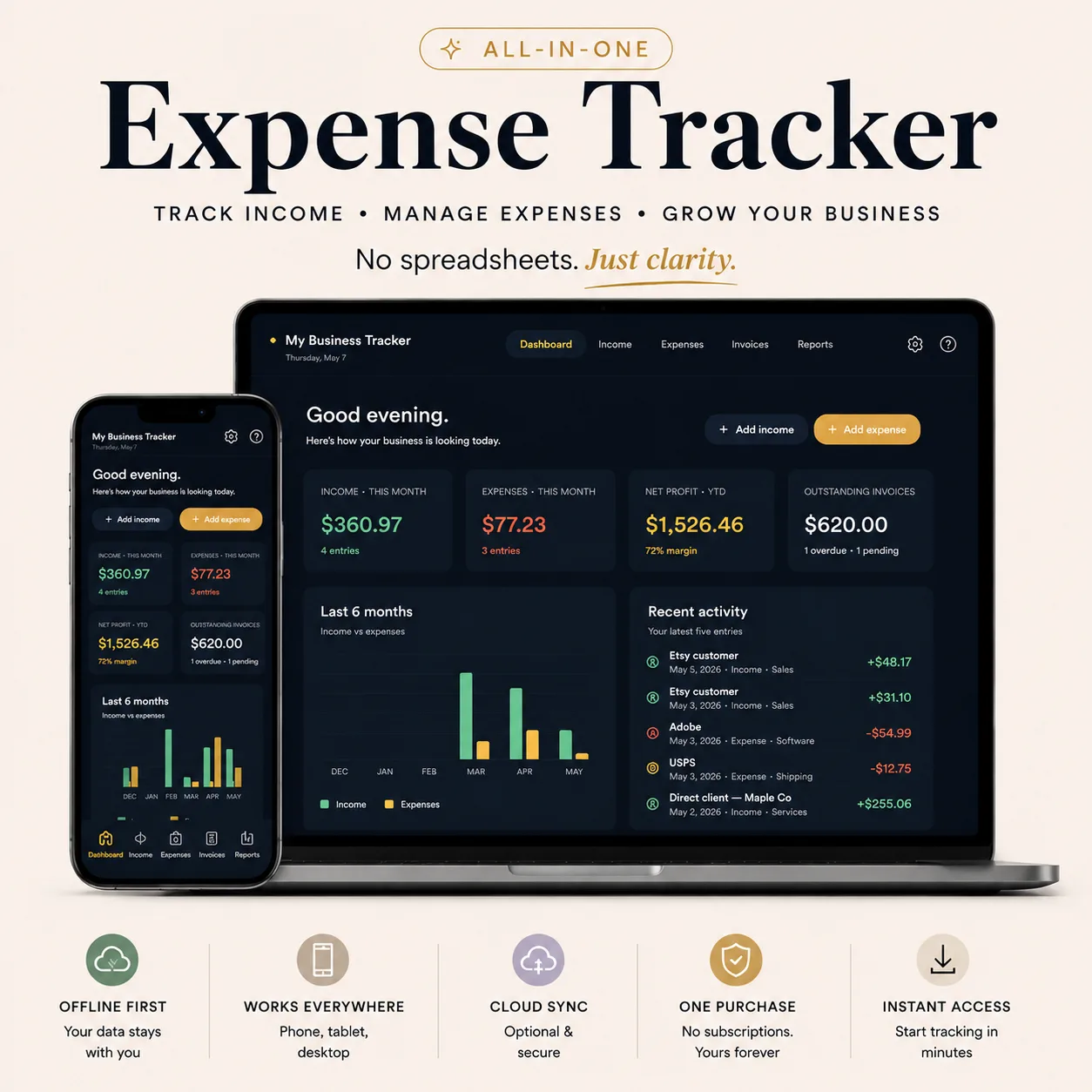 Business expense tracker app dashboard dark theme