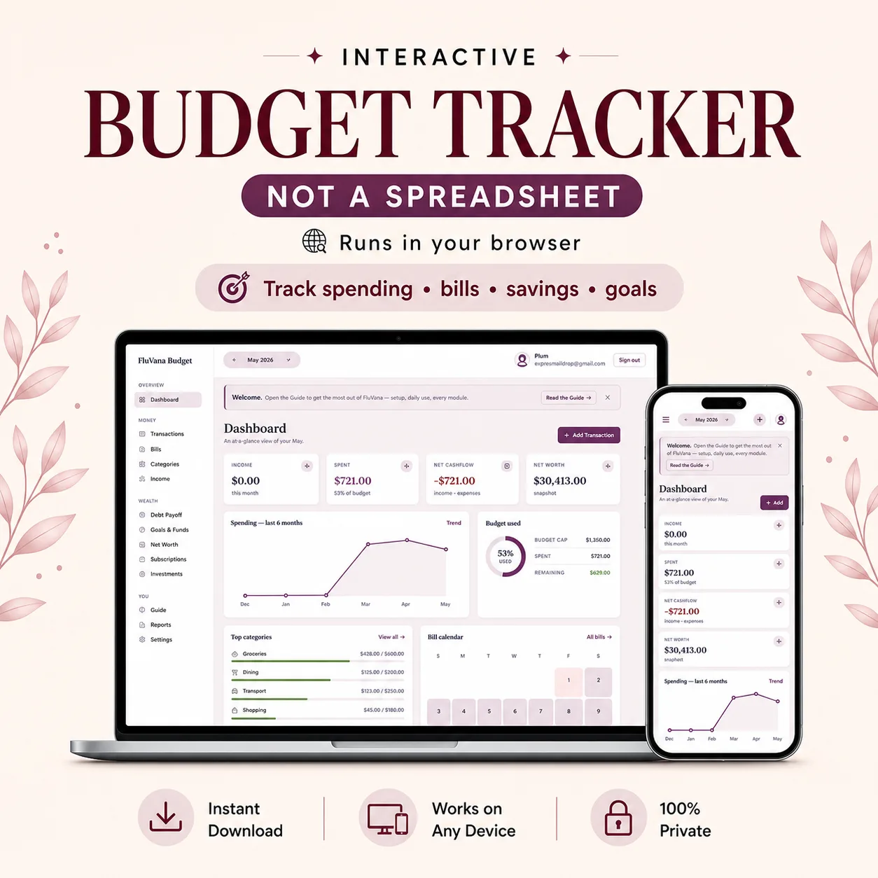 Interactive budget tracker web app dashboard not spreadsheet