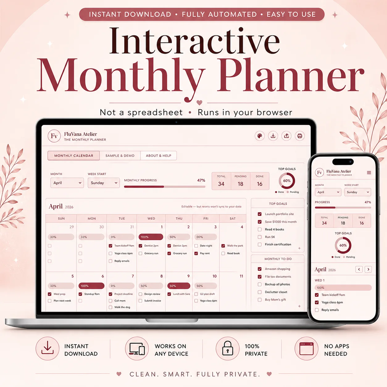 Interactive monthly planner digital planner template browser based