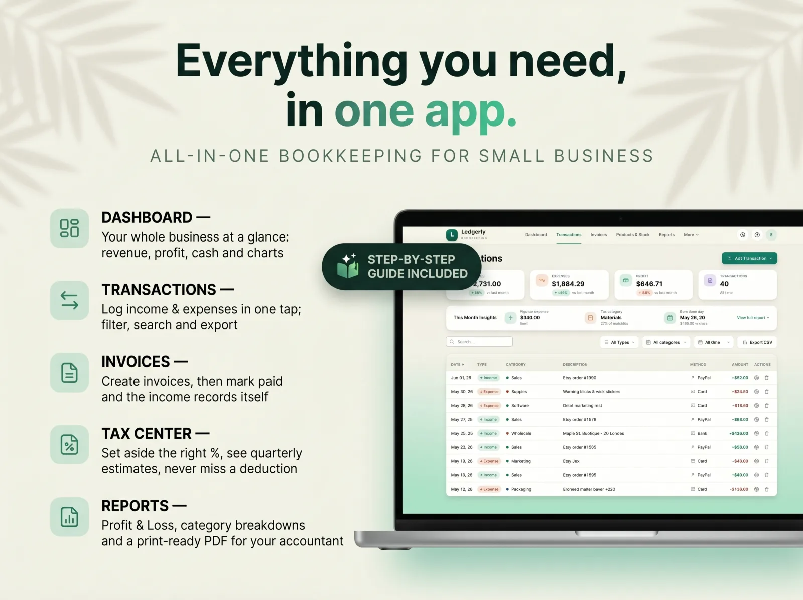 Small business bookkeeping app dashboard invoices tax