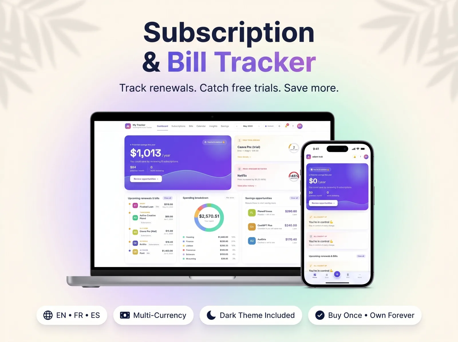 Subscription bill tracker app digital planner